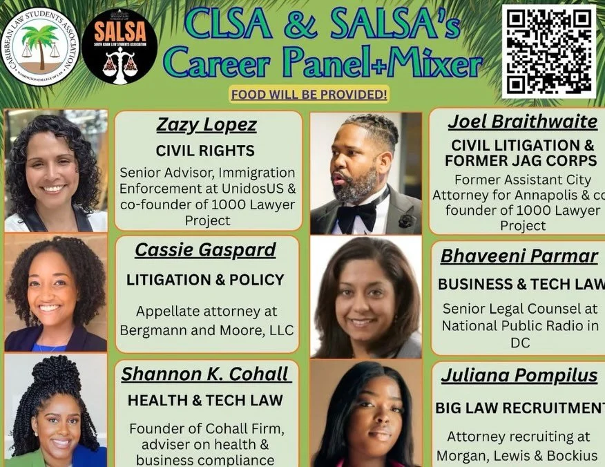 TODAY! Two important events highlighting Caribbean excellence in the law, hosted by @auwcl.clsa and @husl.caribbeanlsa! Excited to see @dccaribbeanbar members Zazy Lopez and Joel Braithwaite representing on the career panel!