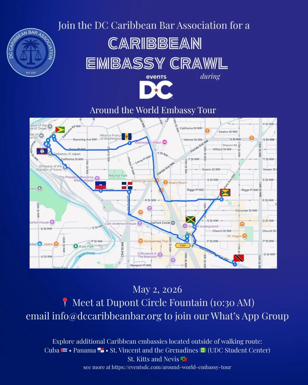 Meet us at the DuPont Circle Fountain at 10:30am. Email info@dccaribbeanbar.org to join our what's app chat!