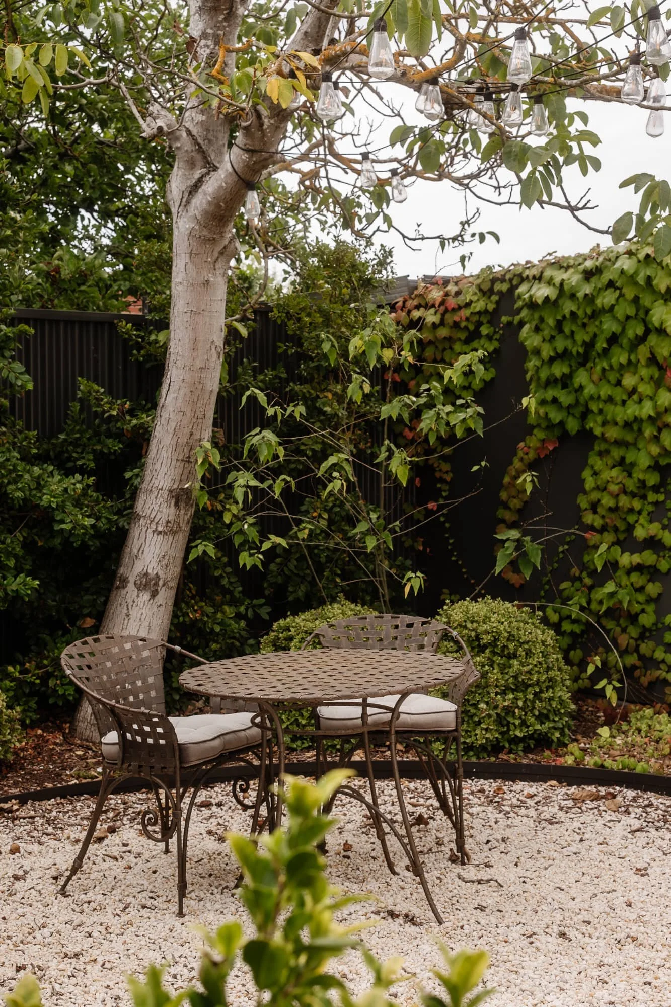 Adelaide Hills courtyard showing outside dining table, enclosed space with ivy and tree shade