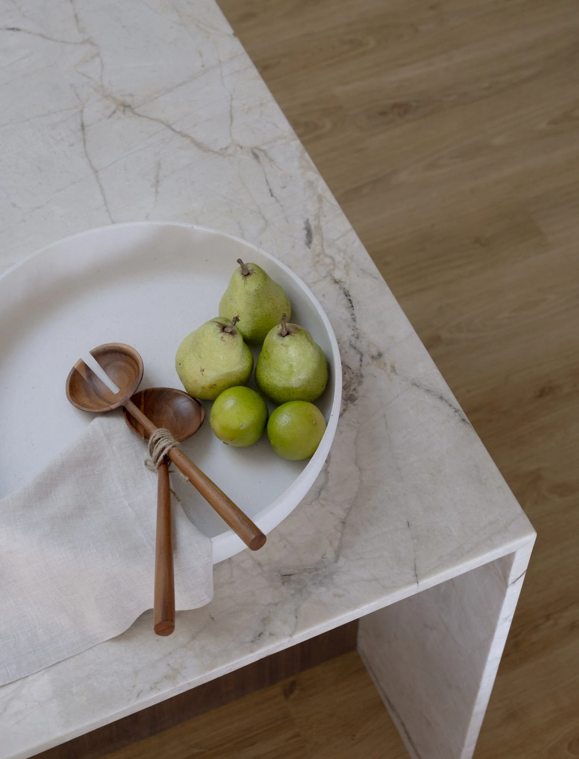 White marble kitchen table with fruit bowl