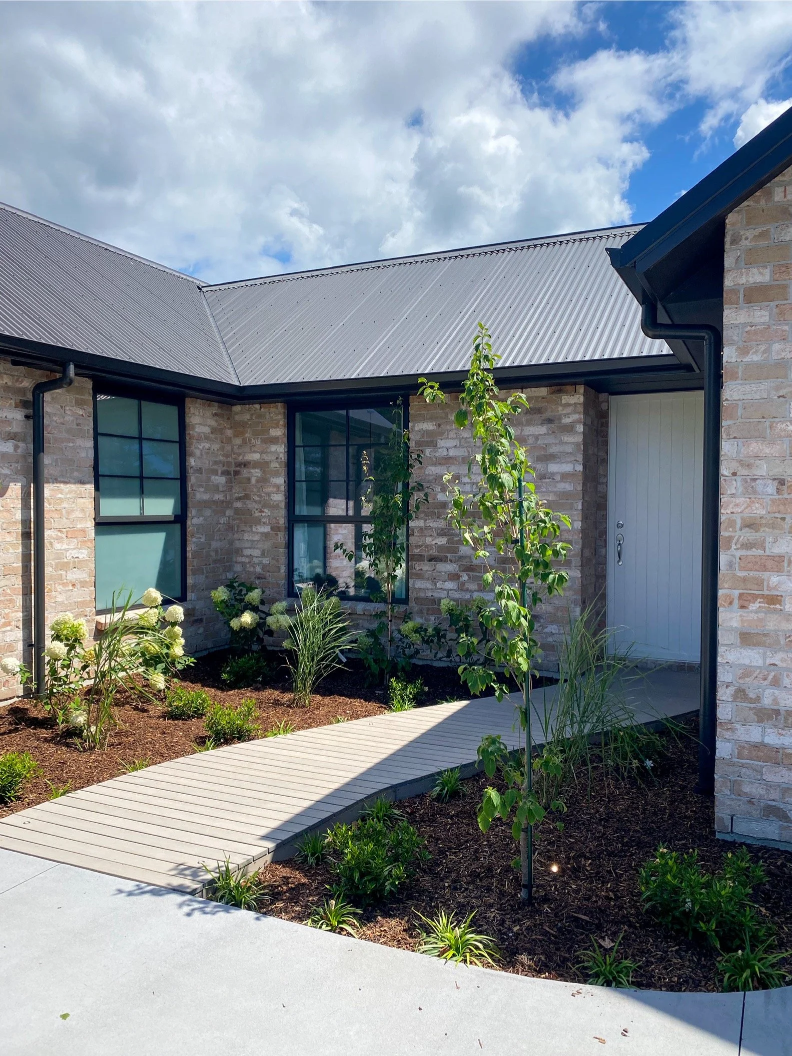 A view of a modern house with brick walls, black-framed windows, and a metal roof. There is a small landscaped area with young trees, plants, and a light-colored concrete pathway.