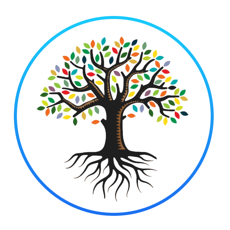Colorful tree with numerous leaves in various colors, roots visible, inside a circular blue border
