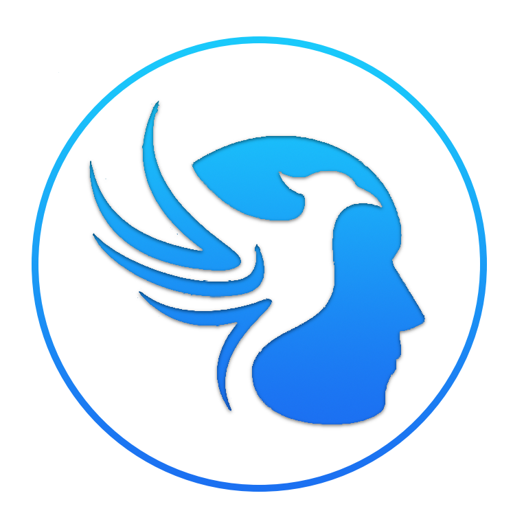A logo featuring a human face in profile with stylized bird wings extending from the head, in shades of blue, enclosed in a circular border.