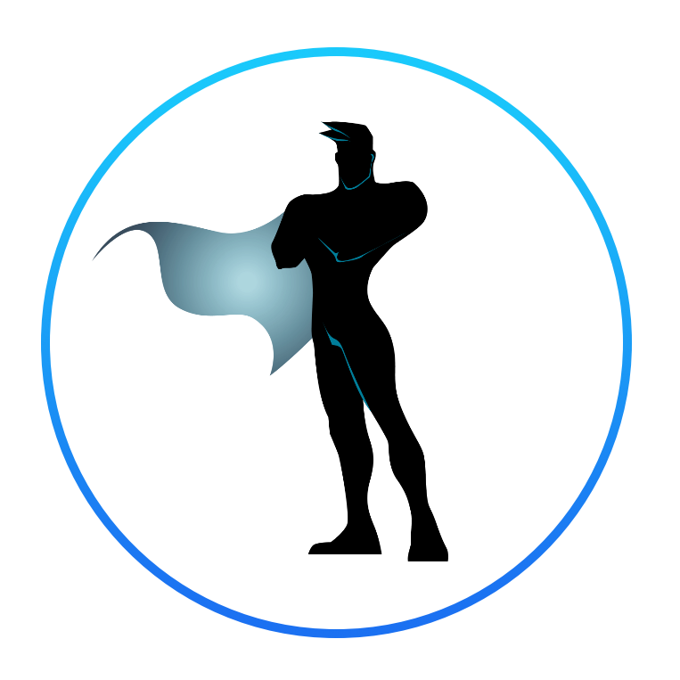 Stylized logo of a superhero figure with a cape inside a blue circular border.