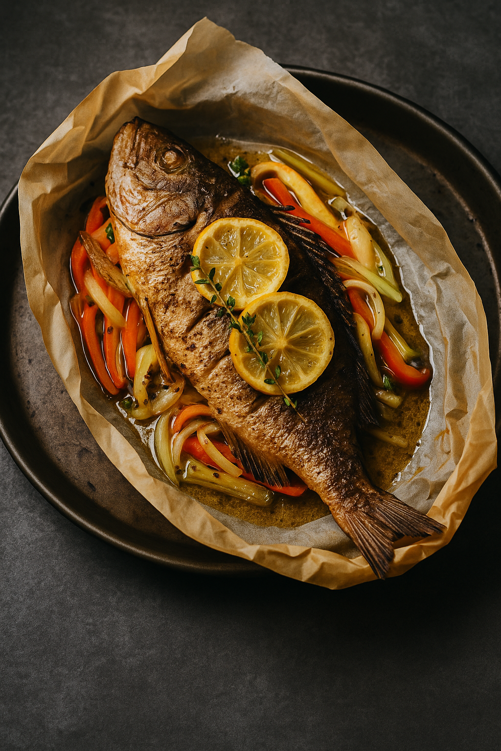 Baked whole fish garnished with lemon slices and herbs, served on a bed of sautéed vegetables in a baking dish lined with parchment paper.