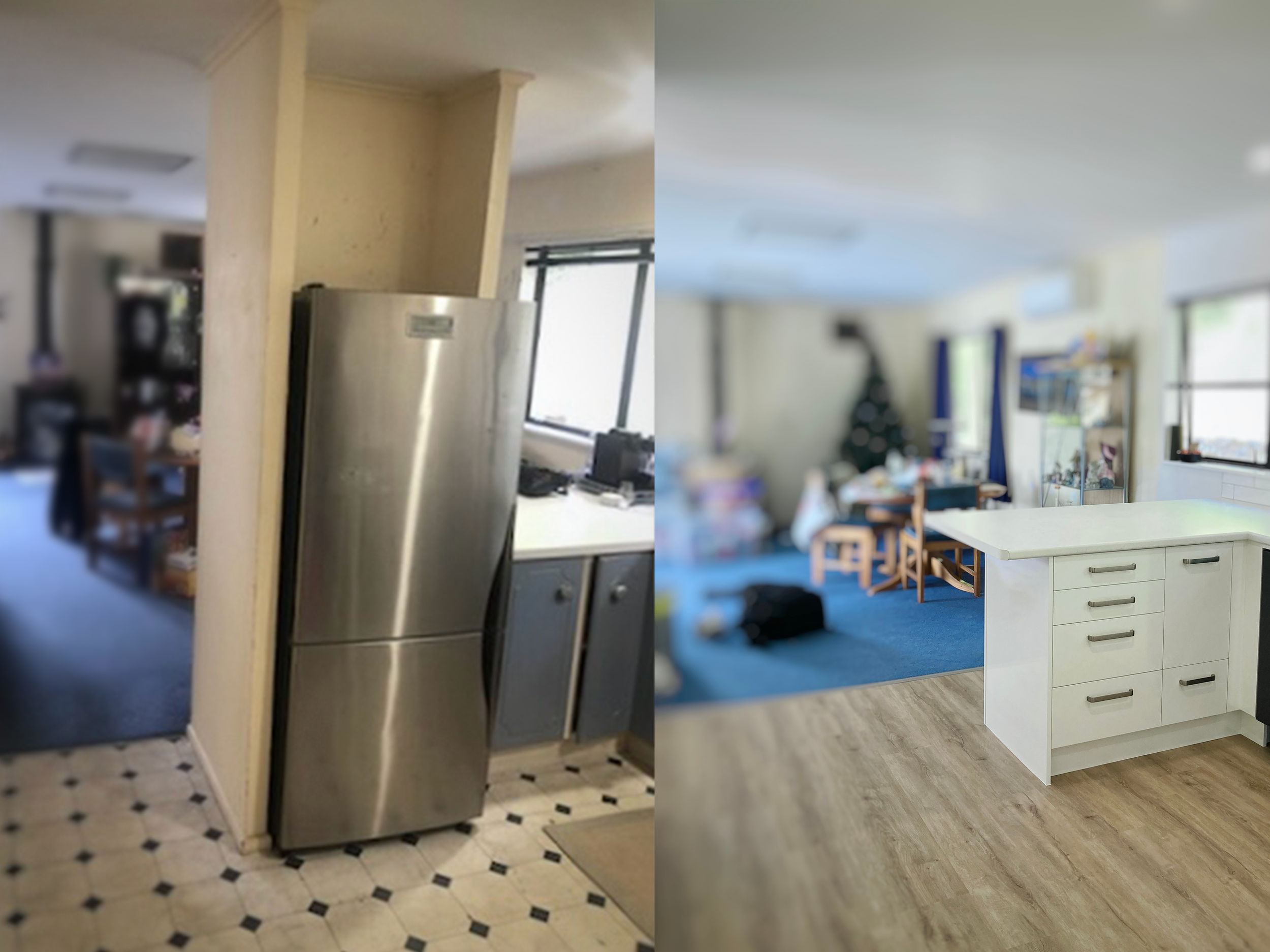 Goodbye fridge pillar, hello light! Before and After of the kitchen area.
