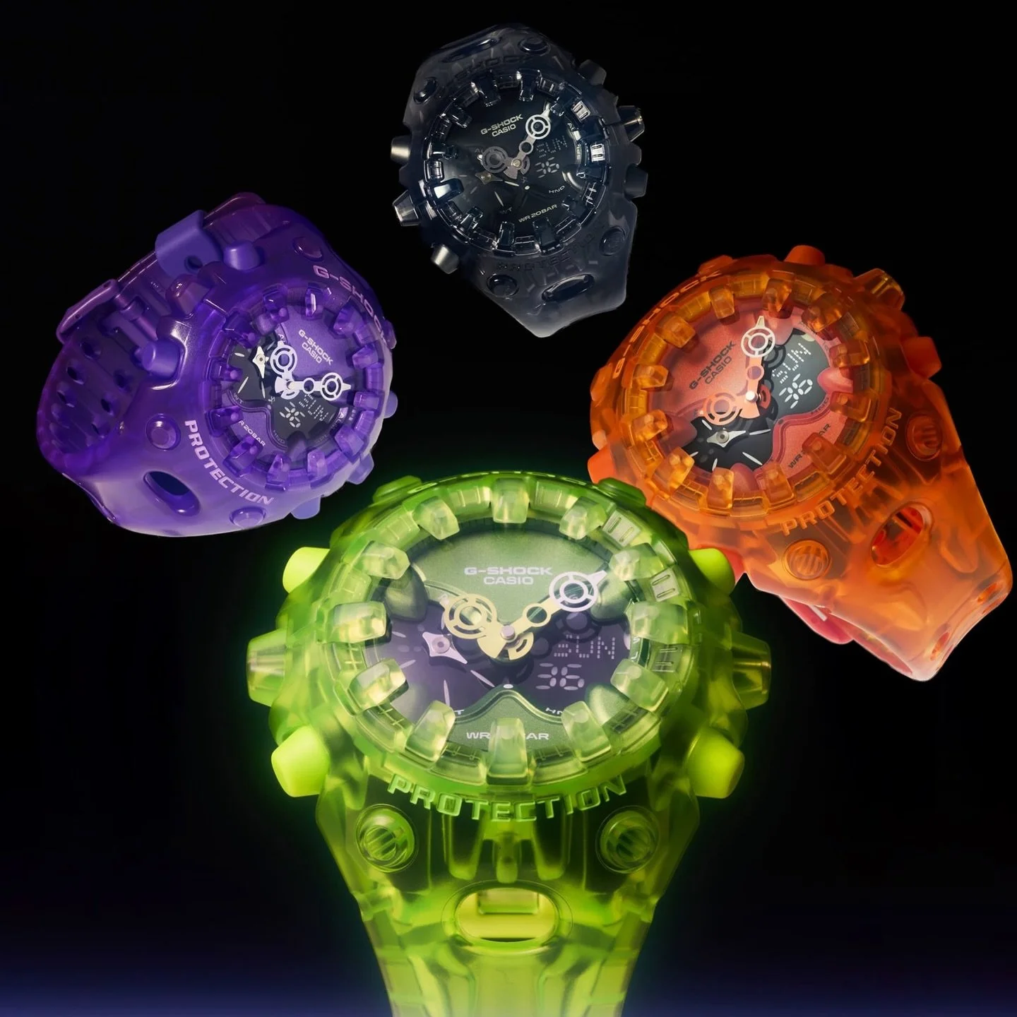 G-SHOCK // The new GA-V01 range introduces a transparent skeleton and bold colourways. Designed to stand out, built to take impact. A fresh take on tough.

💚GAV01SKE-3A
🧡GAV01SKE-4A
💜GAV01SKE-6A
🖤GAV01SKE-8A