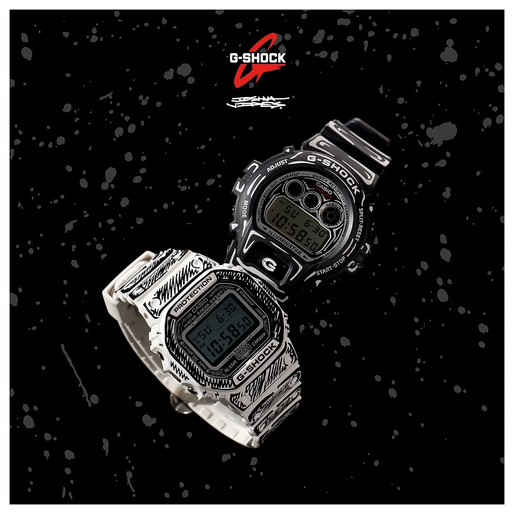 G-SHOCK x Joshua Vides. 

The DW-5600 and DW-6900 reimagined through Vides&rsquo; &ldquo;Reality to Idea&rdquo; lens &mdash; comic-style linework that makes two of G-SHOCK&rsquo;s most iconic silhouettes look hand-drawn. Hit the backlight and his sig