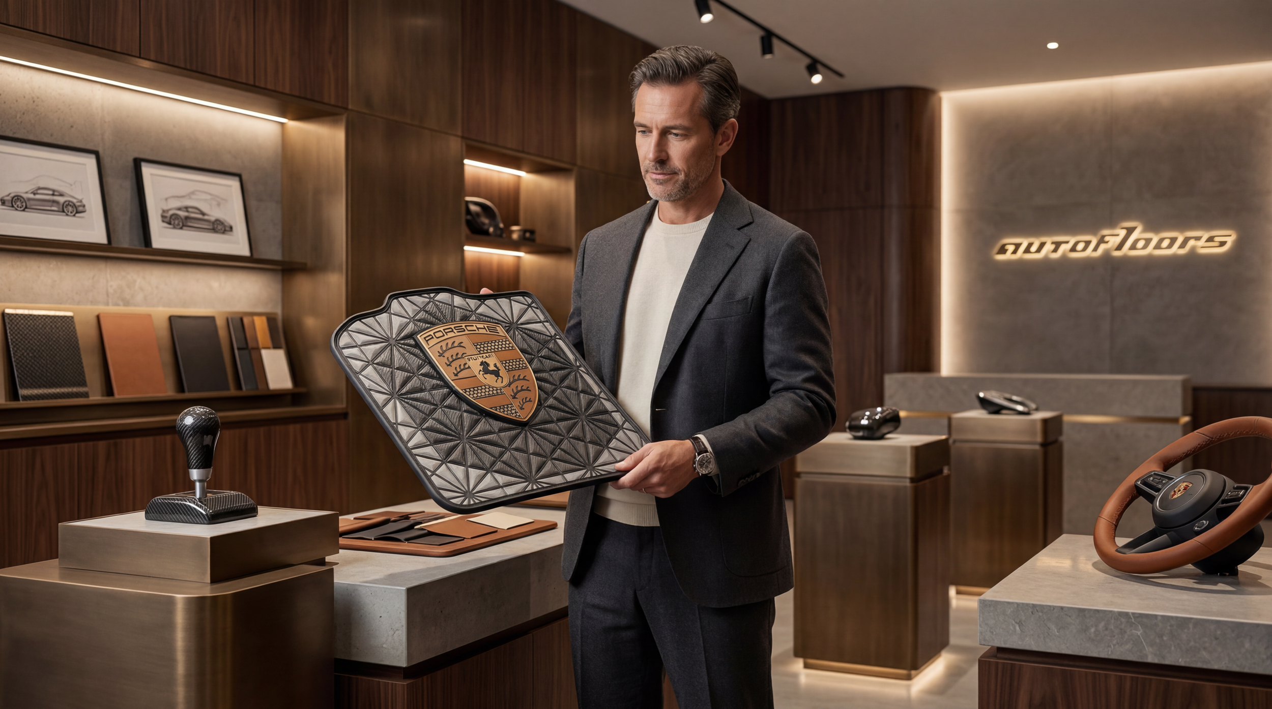 Inspired Porsche AutoFloor in Solid Surface with inlaid Metal Emblem