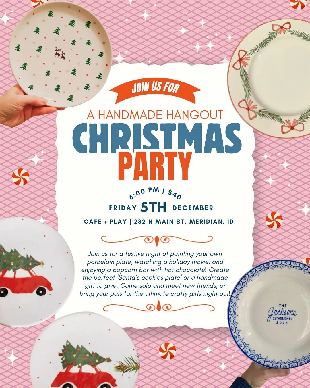 We&rsquo;re having a Christmas party and you&rsquo;re invited 🫶🏽🎄👩🏻&zwj;🤝&zwj;👩🏽 Join us to paint our own porcelain plates!!!! Perfect for a Santa&rsquo;s cookies plate, a personalized gift, or your own holiday collection 😉 Plus we&rsquo;ll 