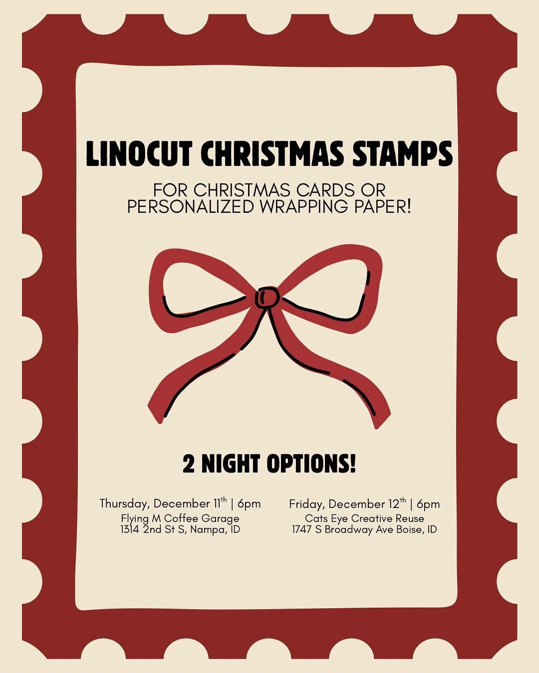 Linocut stamps are here!!!! The perfect customization to any card or wrapping paper. So excited to offer 2 different night options for this one either in Boise at @catseyecreativereuse or Nampa at @flyingmcoffeenampa! Tickets are live at the link in 