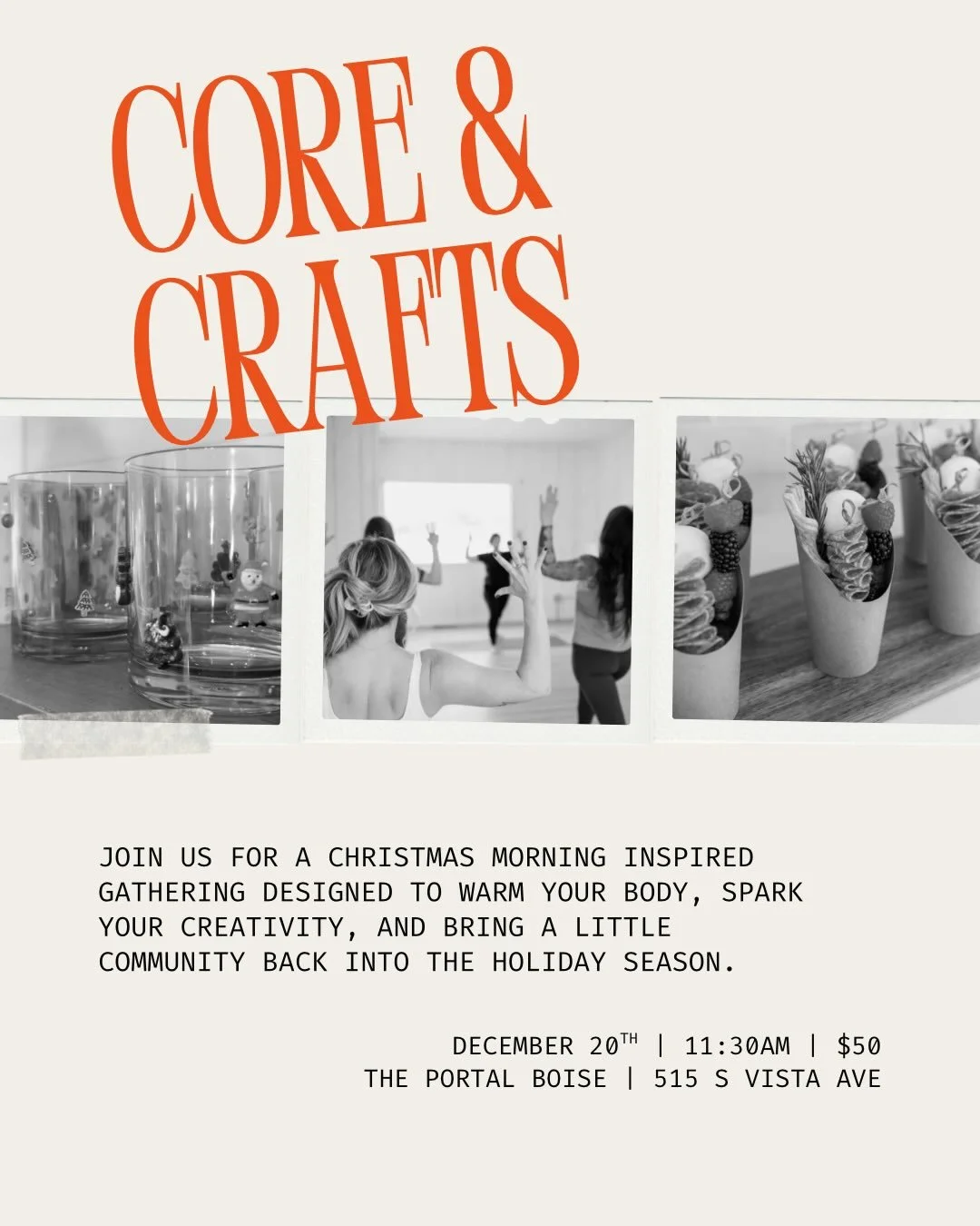 A @theportal.boise x @thehandmadehangoutboise x @meetneighborly collab 🧘🏽&zwj;♀️🎄 Join us December 20th for a morning of Pilates, crafts, mocktails, charcuterie, and ALL the cheerful holiday vibes! Tag below who you are bringing with you 👇🏼👀😉