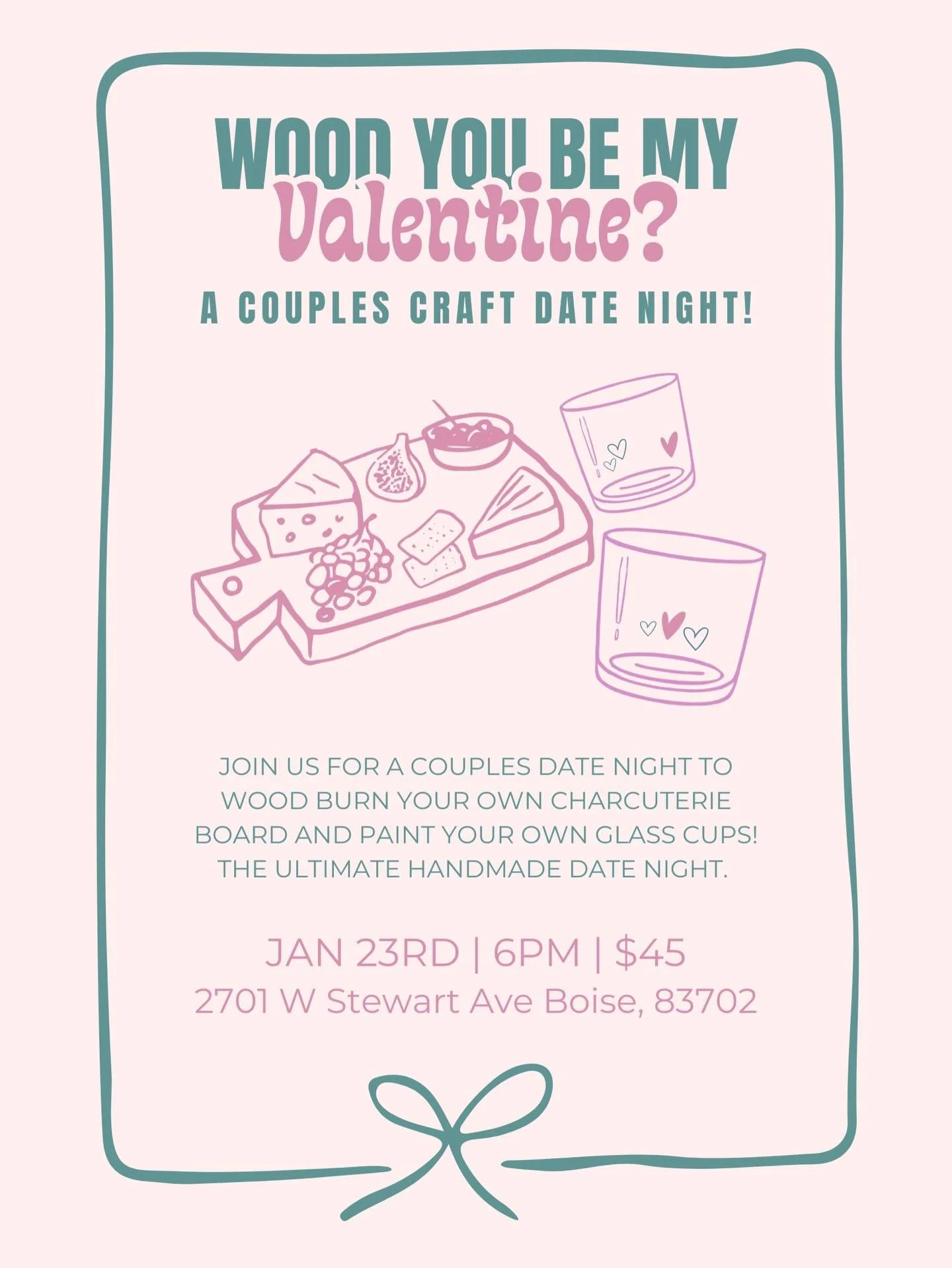 Bring your valentines for a couples craft date night! Join us for wood burning your own charcuterie boards and then painting your own class cups! Tickets are live at the link in bio &hearts;️