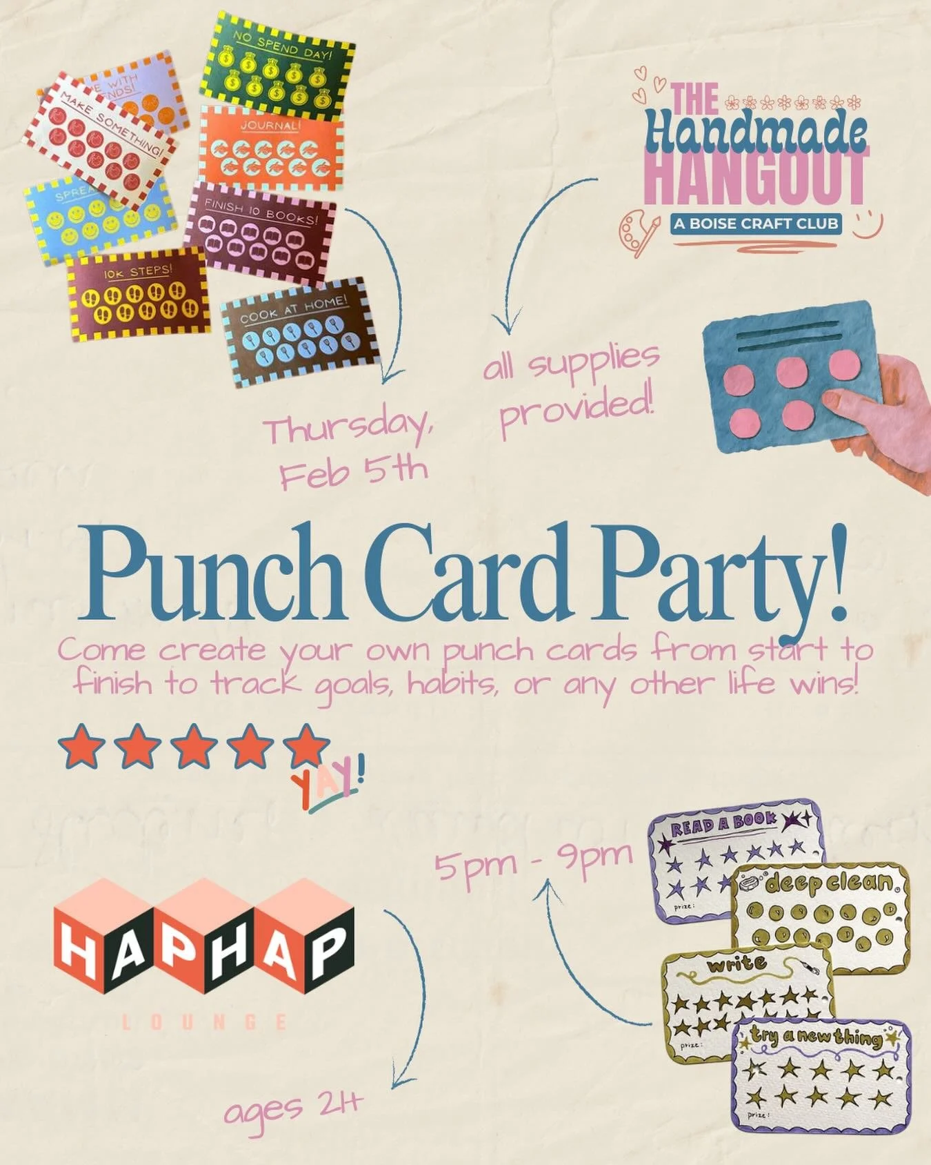 Punch card party alert! ✂️✨ Join @haphap_lounge and @thehandmadehangoutboise for First Thursday from 5-9 and create your own custom punch cards! We&rsquo;ll have all the supplies needed including paper, stamps, markers, scissors, and stickers so you 