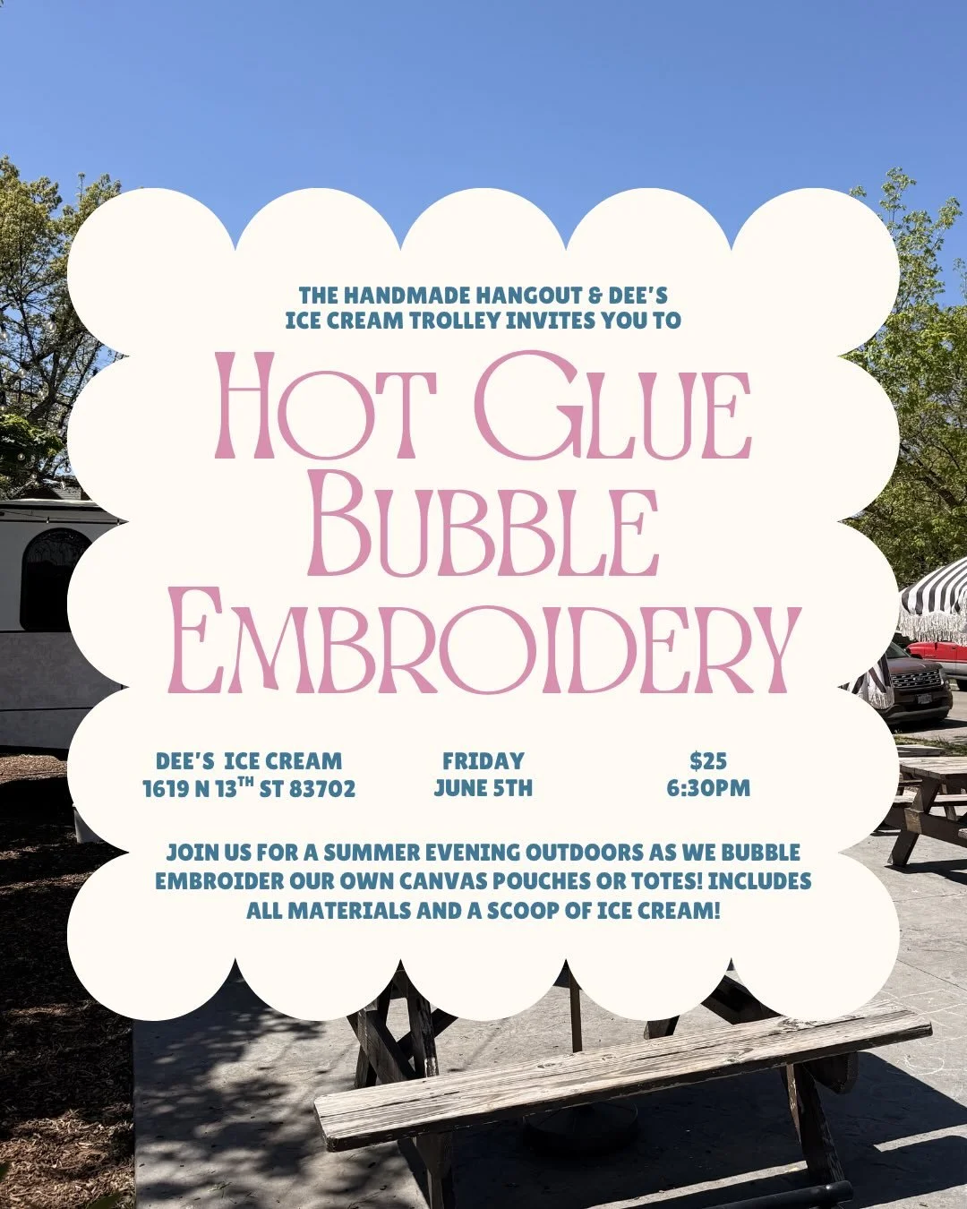 Let&rsquo;s get crafty outside with some ice cream at @deesicecreamtrolley, shall we?! Join us Friday, June 5th as we hot glue bubble embroider your own canvas pouch or tote, or feel free to bring something of your own to personalize! And yes, your t