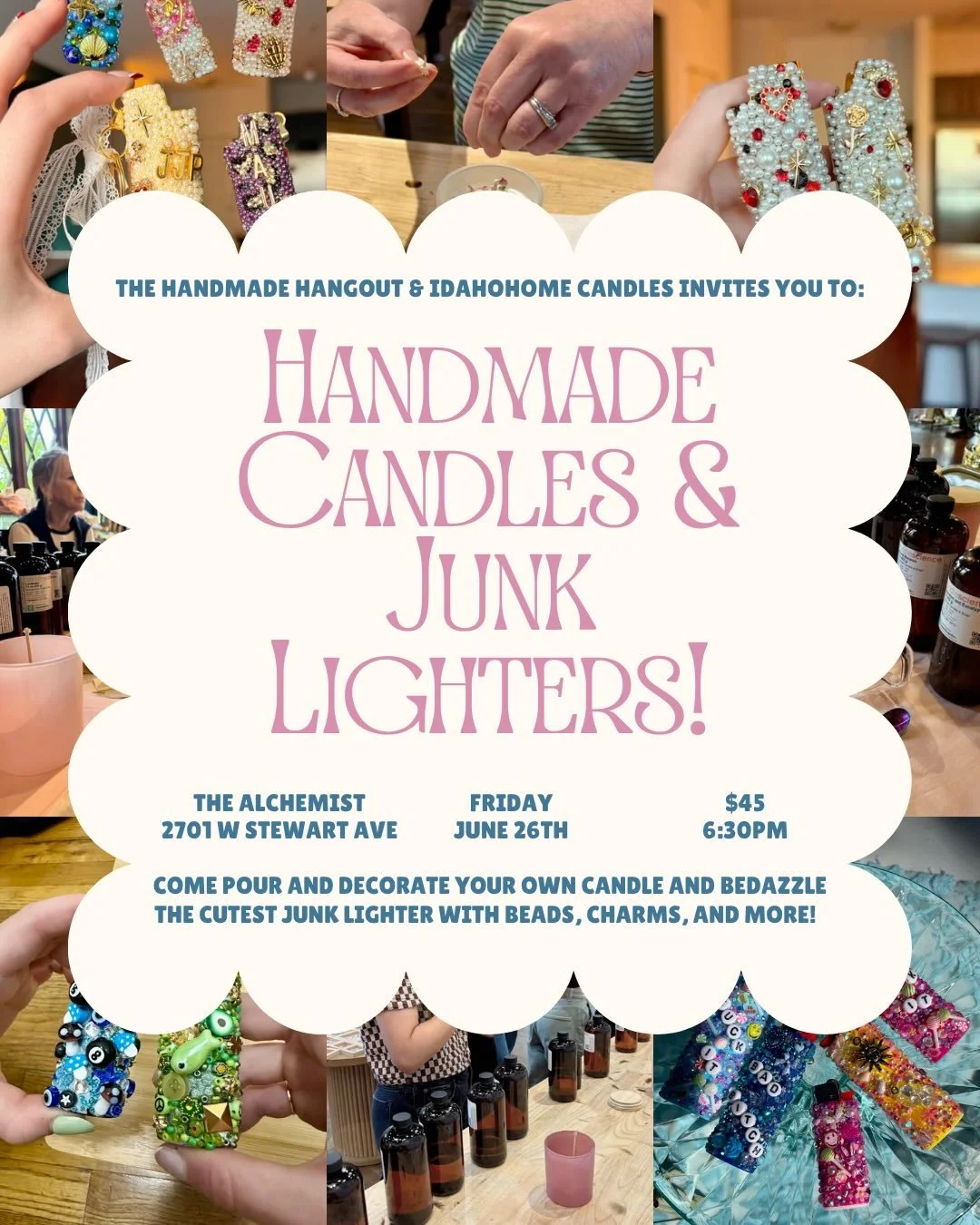 EEEEK! Another bucket list class making candles with @idahome_fp_candles and bedazzling our own junk lighters! 🥹🕯️💎 You won&rsquo;t want to miss this one &hearts;️ Tickets live at the link in bio!! 

#craftclub #boise #boiseevents #thingstodoboise