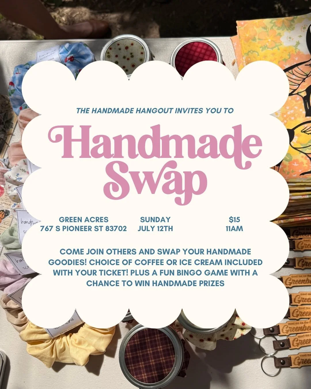 Julys swap event is live!! And it just got a little sweeter by including either a coffee from @lovinglefse or an ice cream from @greenacresboise! Pluussssss a chance to win even MORE handmade prizes. Eeek! See you there?🧺🍯🦋🫶🏼