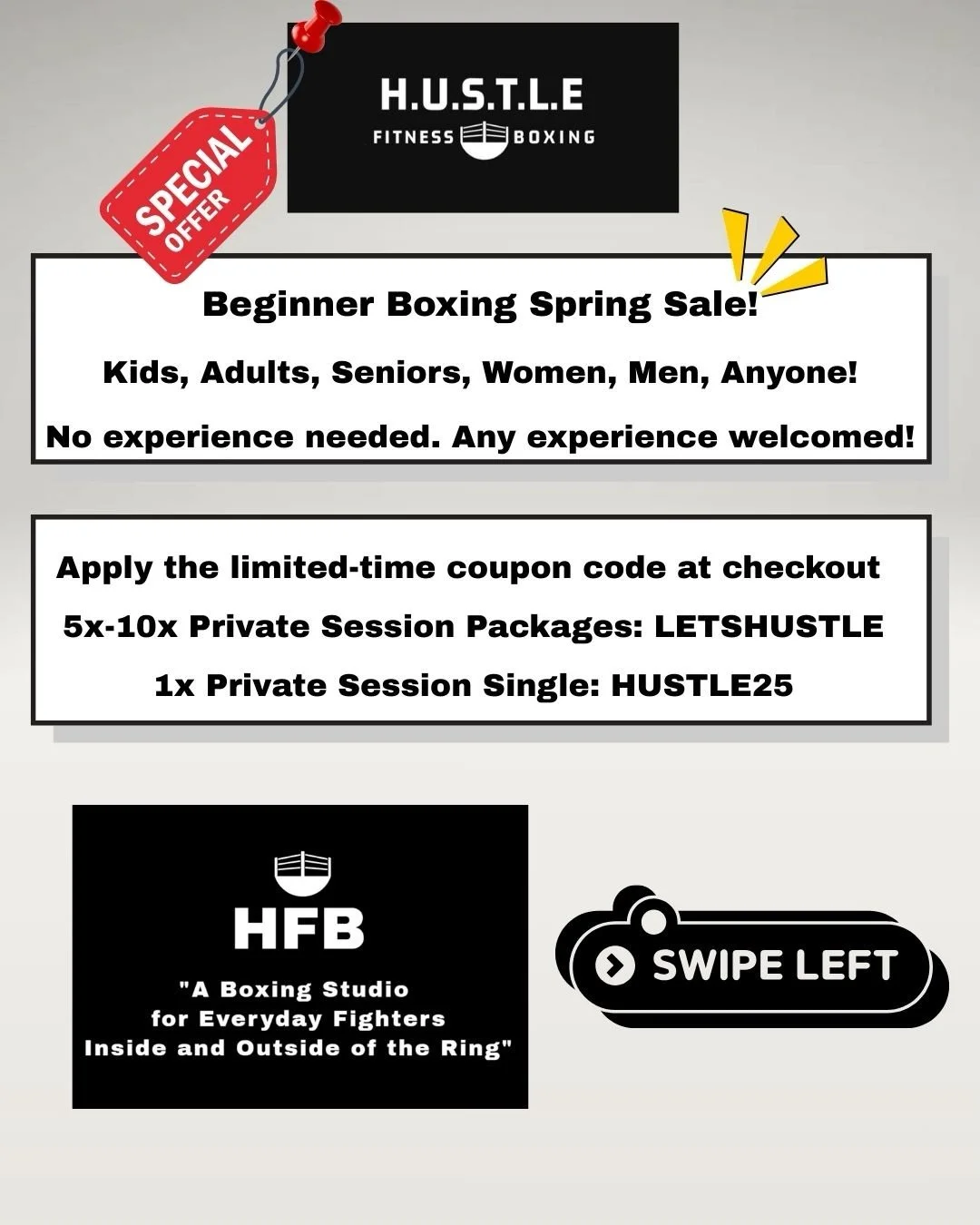 Beginner boxing spring sales! Limited time! 🥊

Get results ✅ feel safe ✅ build on skills &amp; strength ✅ take control and build your self-esteem ✅

No experience needed. All experience welcomed!

Offered program for all ages and genders 🥊

Apply d
