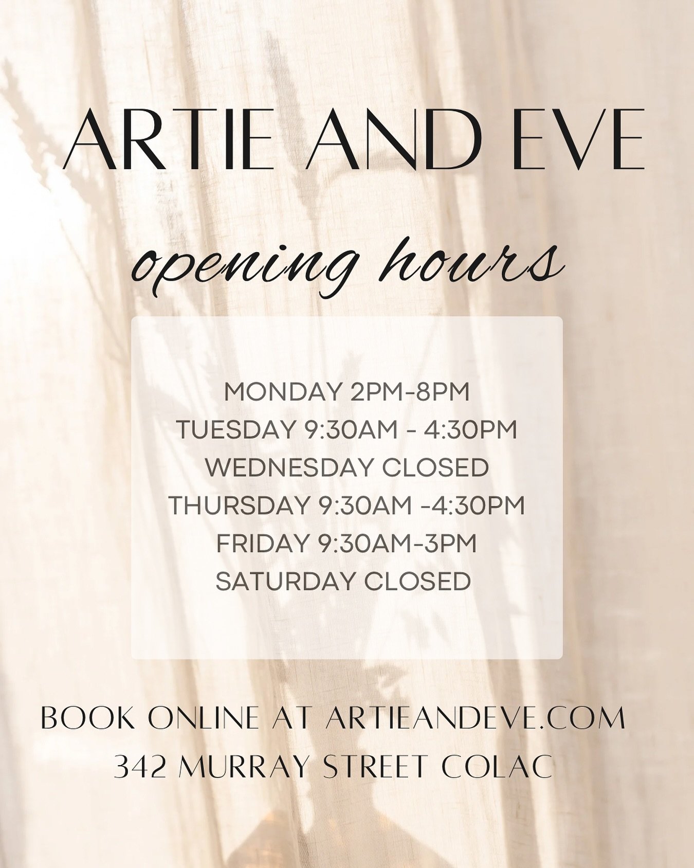 New opening hours for artie and eve.
Monday nights are now available to book online.
Such exciting news for clients who are wanting an after work appointment.
See you all at my new location across the road from 7/11.