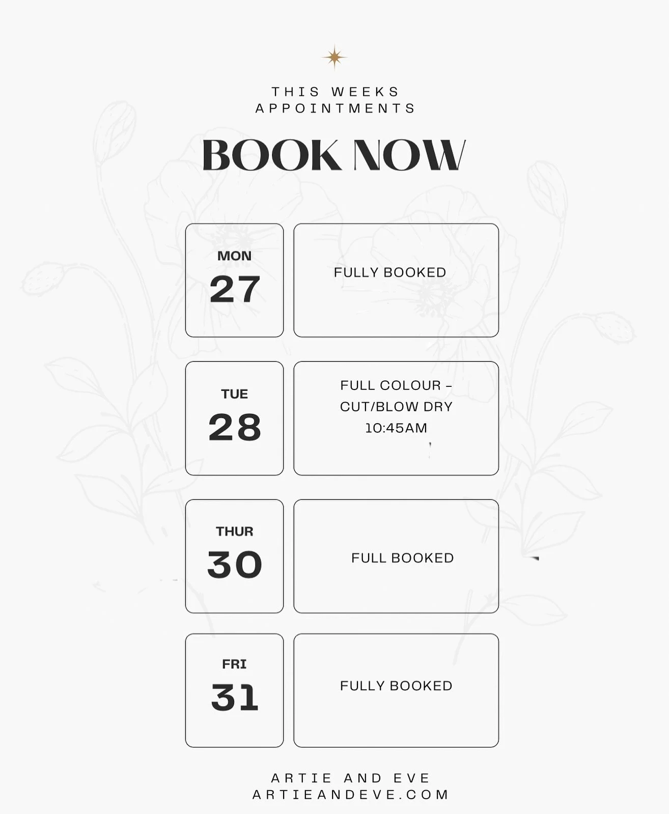 Artie and eve have only one available appointment this week.
As of next week I have opened up some more appointments to accommodate everyone .
Christmas is fast approaching please book ahead and book now I have limited appointments left.
If you have 