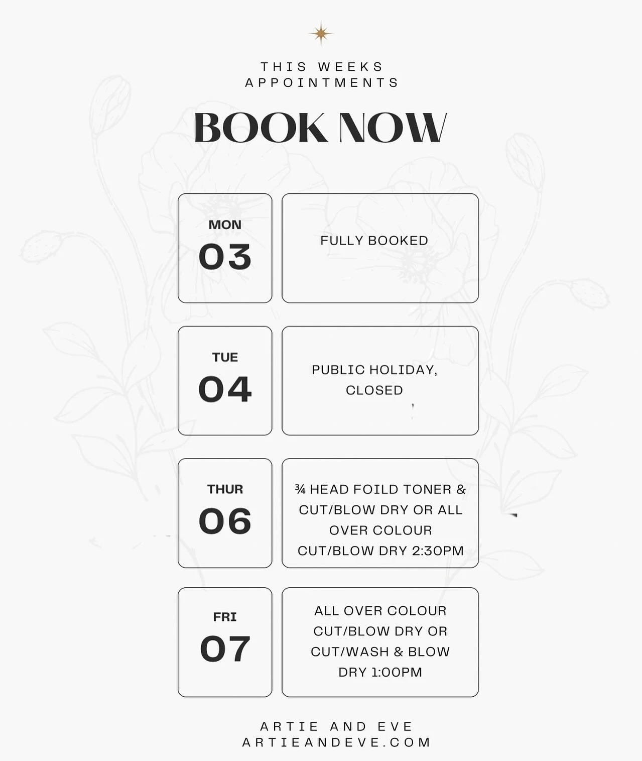 Only have a few hand full of appointments left this week. 
 There is only 7 weeks till Christmas 6 weeks and 1 day left to get your hair appointment in doing your hair one month out from Christmas will still look stunning and fresh , with hardly any 