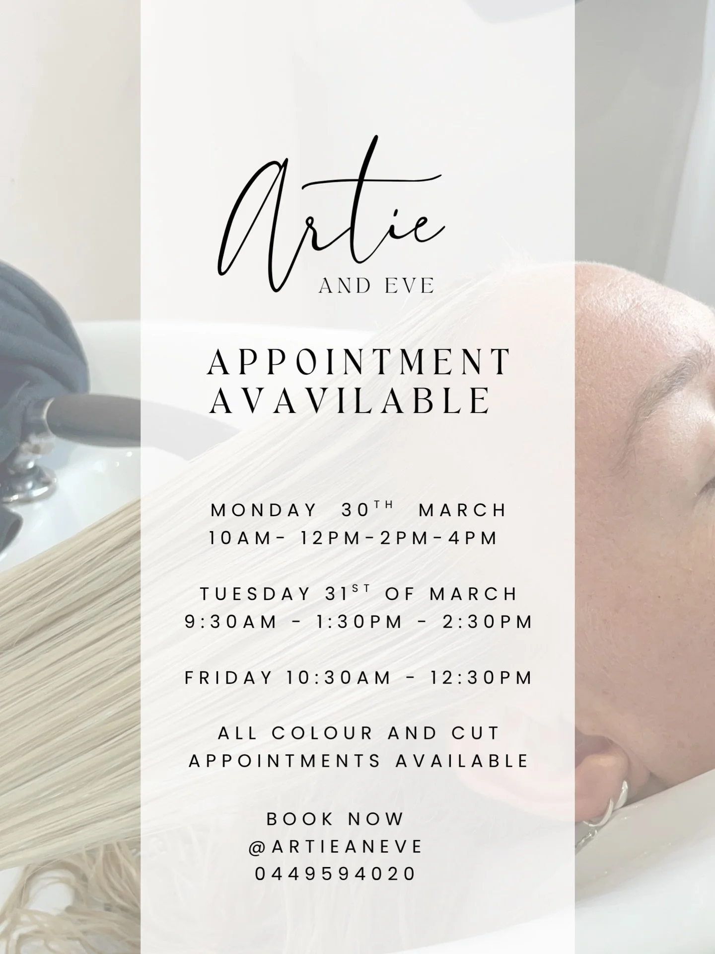 With Easter just around the corner, I have appointments available this week for your convenience. 
Get holiday-ready with fresh cuts for the kids or treat yourself to a hair refresh. 
Come and enjoy some pampering at Artie &amp; Eve before your getaw