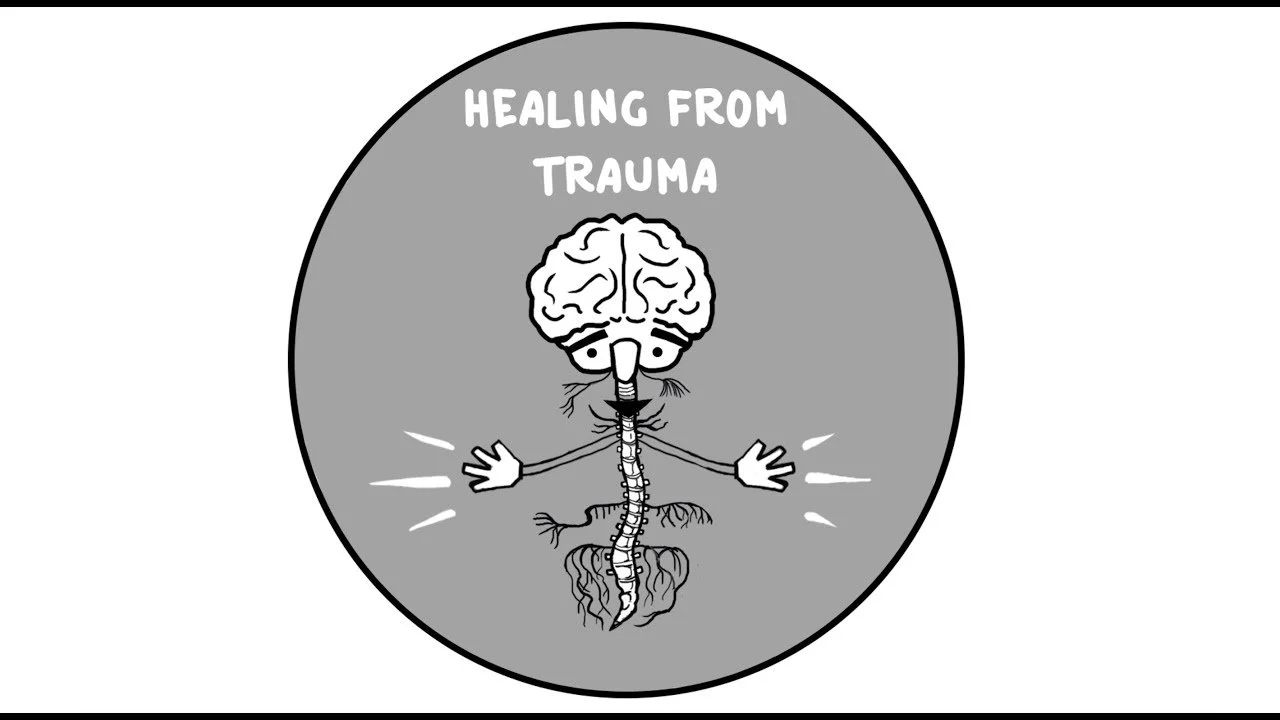 A cartoon illustration of a brain and spinal cord with open arms, set inside a gray circle. The text 'Healing from Trauma' is written above the illustration.