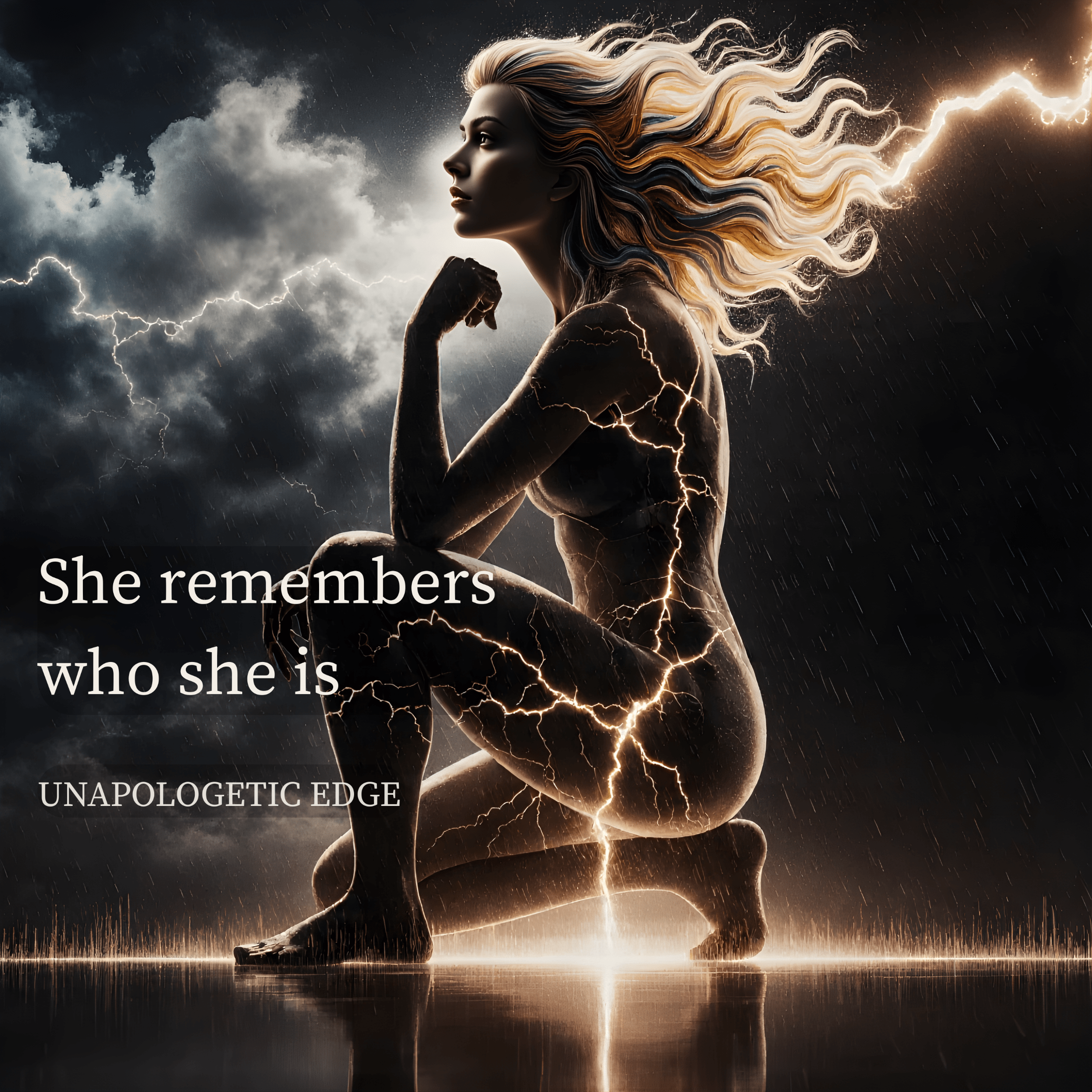 A woman with flowing hair is kneeling on the ground amid a thunderstorm with dark clouds and lightning. The woman appears to be made of or covered in lightning-like cracks. Overlaid text reads: 'She remembers who she is' and 'Unapologetic Edge'.