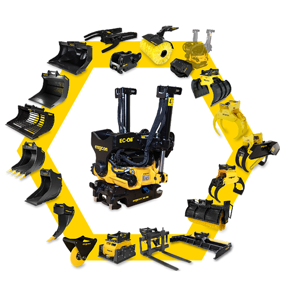 A collage of various construction and excavator hi-rail tools available for engcon tilt rotators 