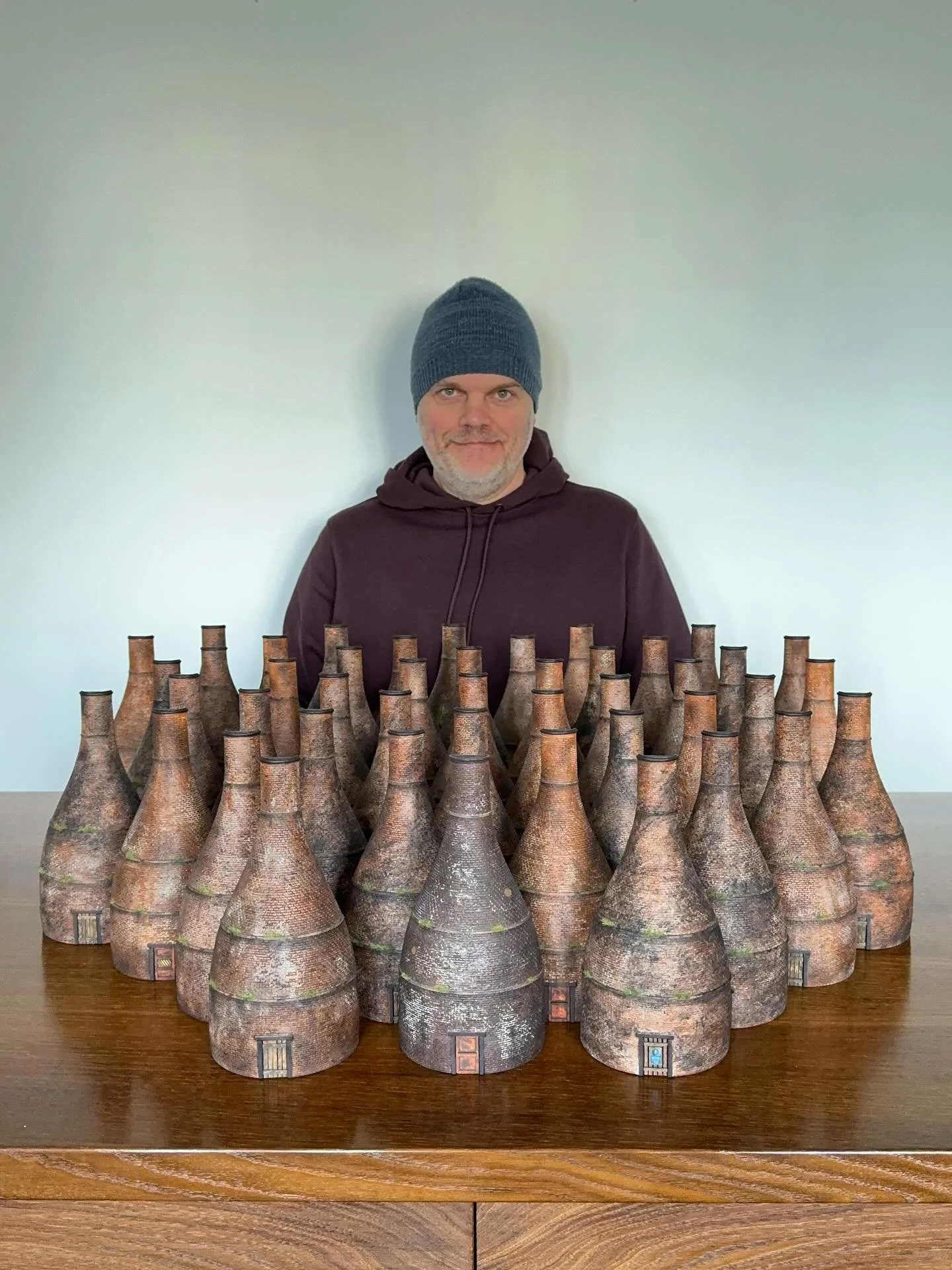 Me with a batch of 45 miniature bottle kilns that I&rsquo;ve just made ready to send out in November. It&rsquo;s become a project of a lifetime this one, I&rsquo;m really enjoying it! #bottlekiln #bottleoven #stokeontrent #stoke #stokecentenary #mini