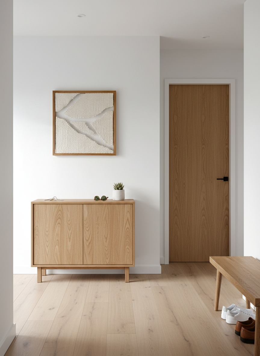 Minimalist entryway with framed fiber art Kintsugi inspired hanging above a wooden cabinet | Ana Salazar Atelier