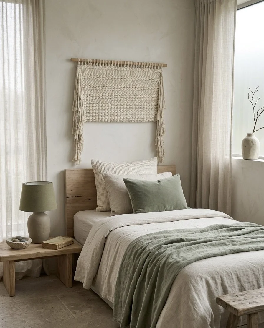 Large scale minimalist fiber wall hanging in a wabisabi bedroom with natural light | Ana Salazar Atelier