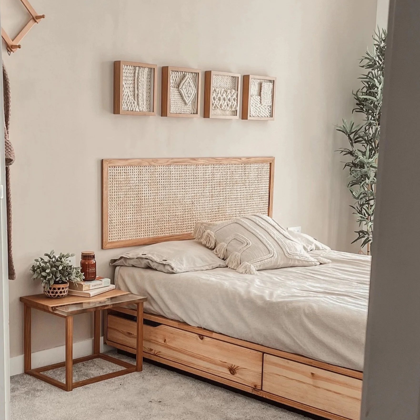 Set of 4 framed tapestries in natural tones with different layers and a 3d effect by textile artist Ana Salazar Atelier