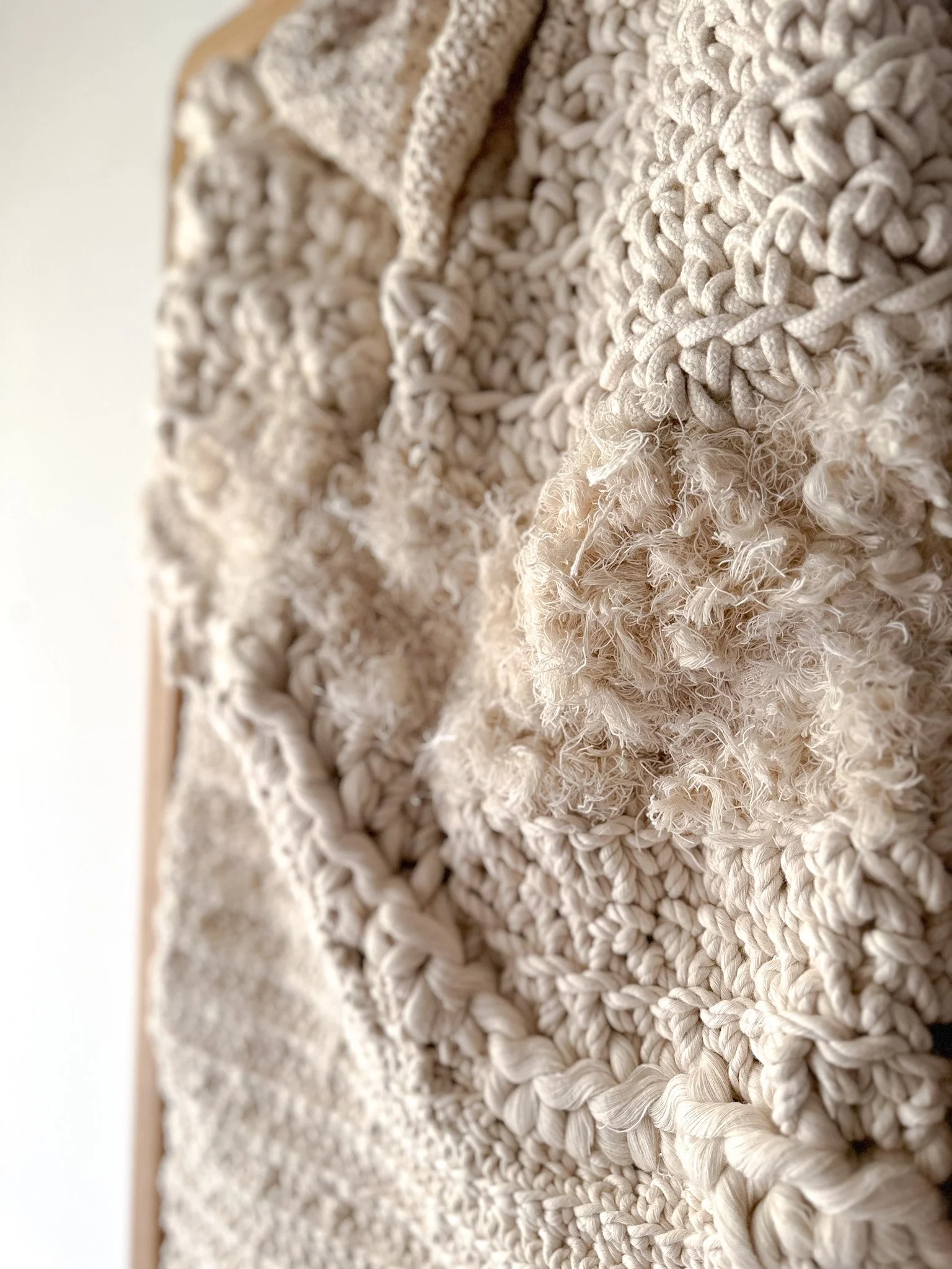 Close up of texture in natural cotton crochet tapestry | Ana Salazar Atelier