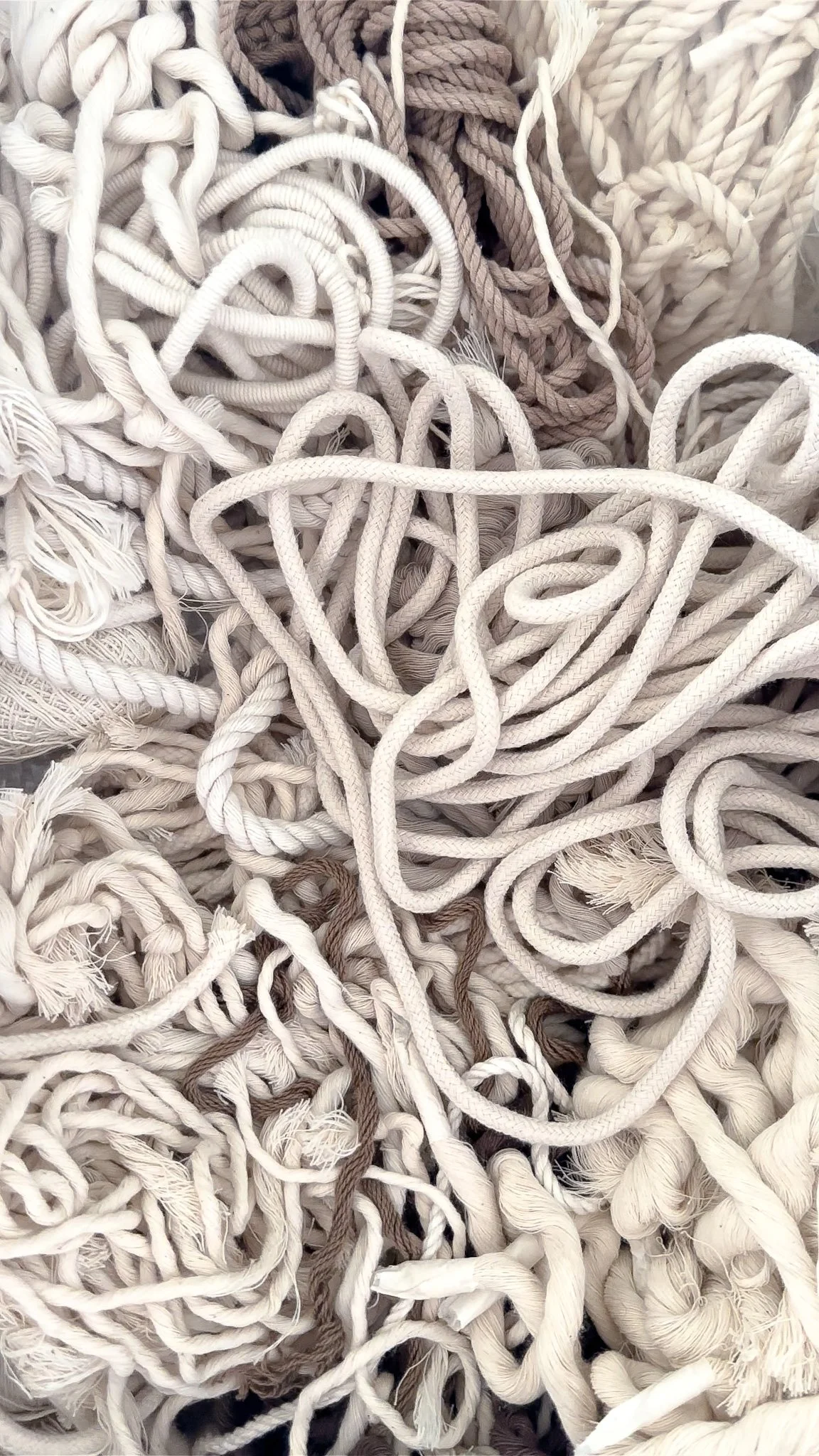 A pile of tangled white, beige, and brown ropes scattered in various directions.