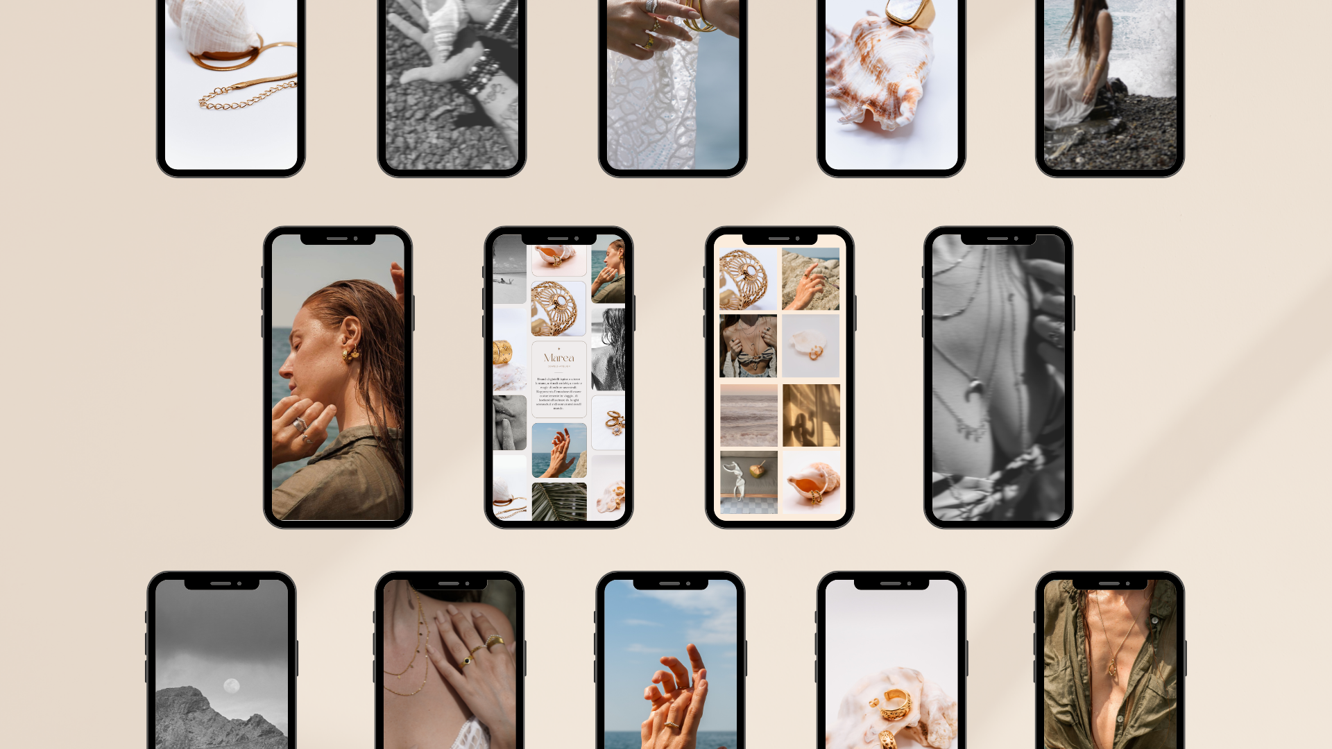 Schermate di telefoni cellulari con immagini di gioielli, donne che indossano gioielli, paesaggi naturali e prodotti di moda in un design visivo coordinato.