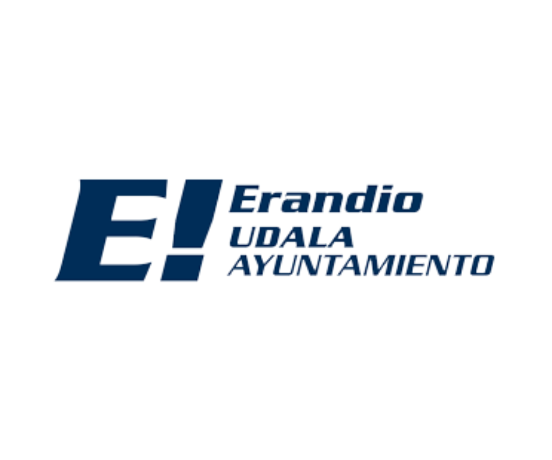 Logotipo de un ayuntamiento con letras en negrita y un símbolo de exclamación en azul oscuro, que dice 'Erandio UDALA AYUNTAMIENTO'.