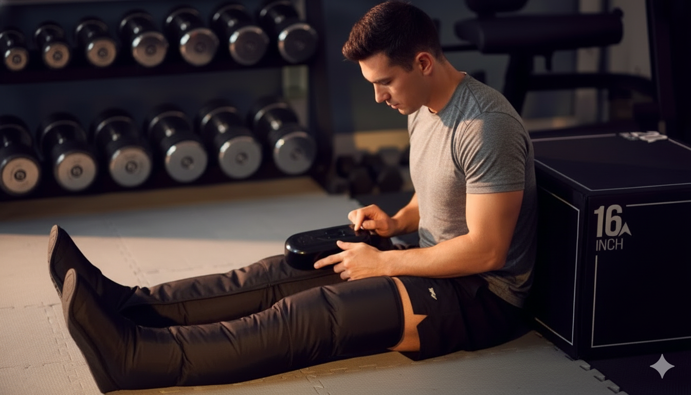 A young man in workout clothes sitting on the floor of a gym, leaning against a black plyometric box labeled '16 INCH,' holding a remote control and looking down.