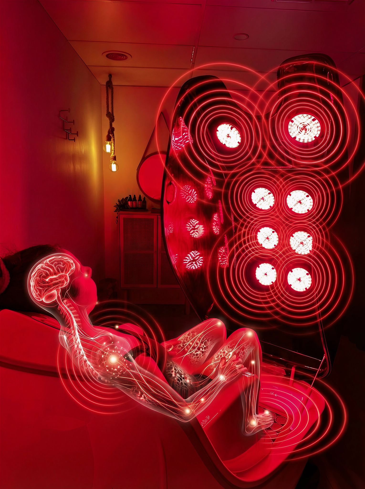 A digitally animated image with glowing red and white light trails, resembling an abstract heart shape, with a human head and brain illustration in the lower left corner.