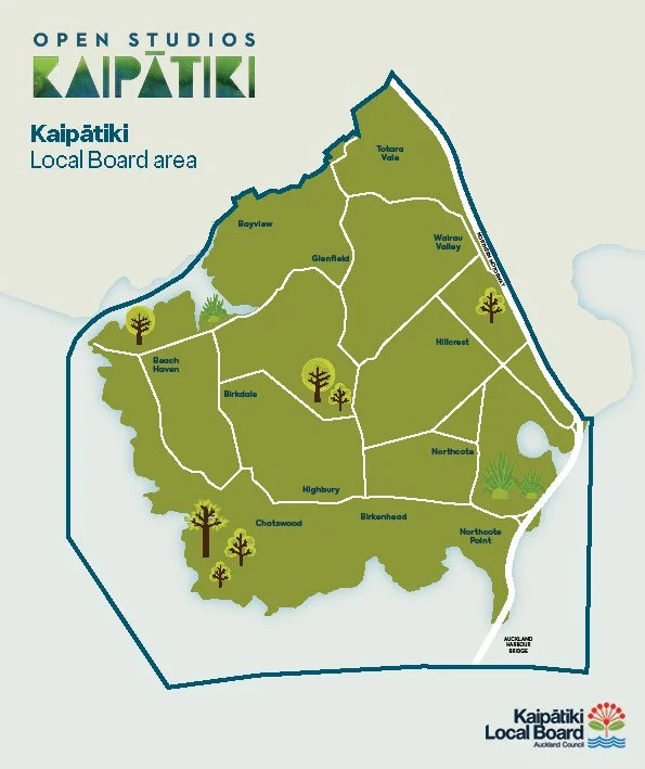 Map of Kaipātiki Local Board area showing neighborhoods such as Glenfield, Birkenhead, Birkdale, Beach Haven, Northcote, and Northcote Point, with icons of trees and plants.