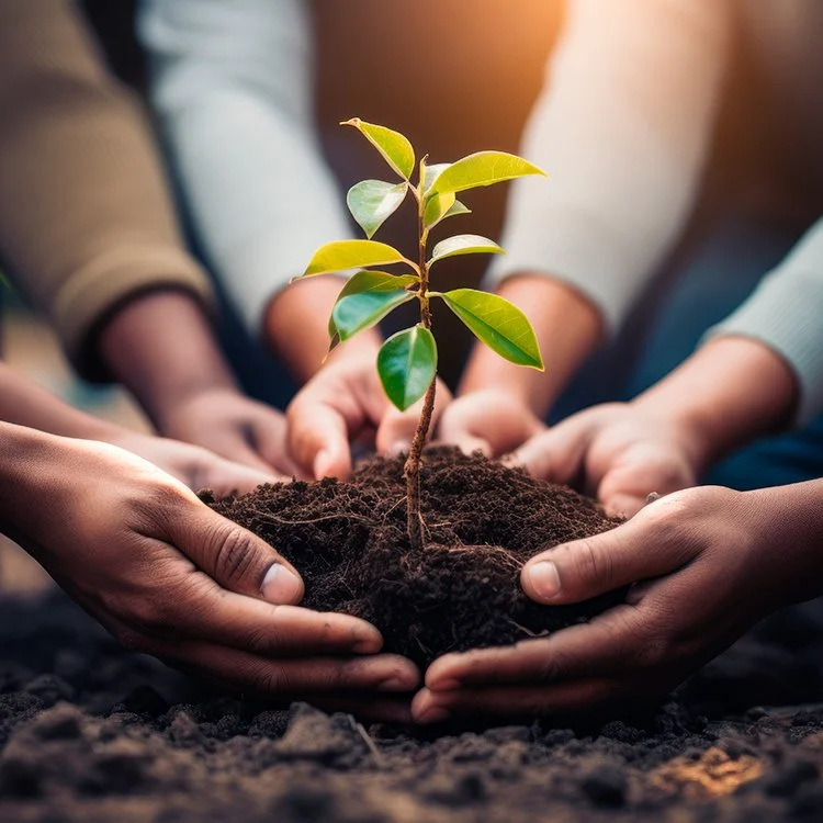 A team of people planting a small tree together – all hands supporting the small plant in the process.