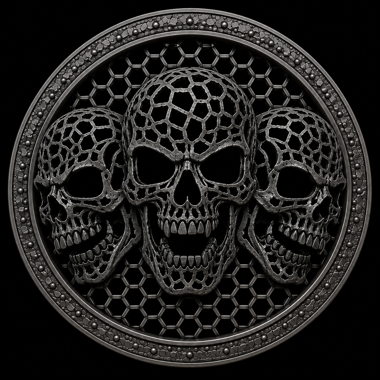 3 Skull custom car speaker grill, size 6.5 inch round, pair, carbon fiber.