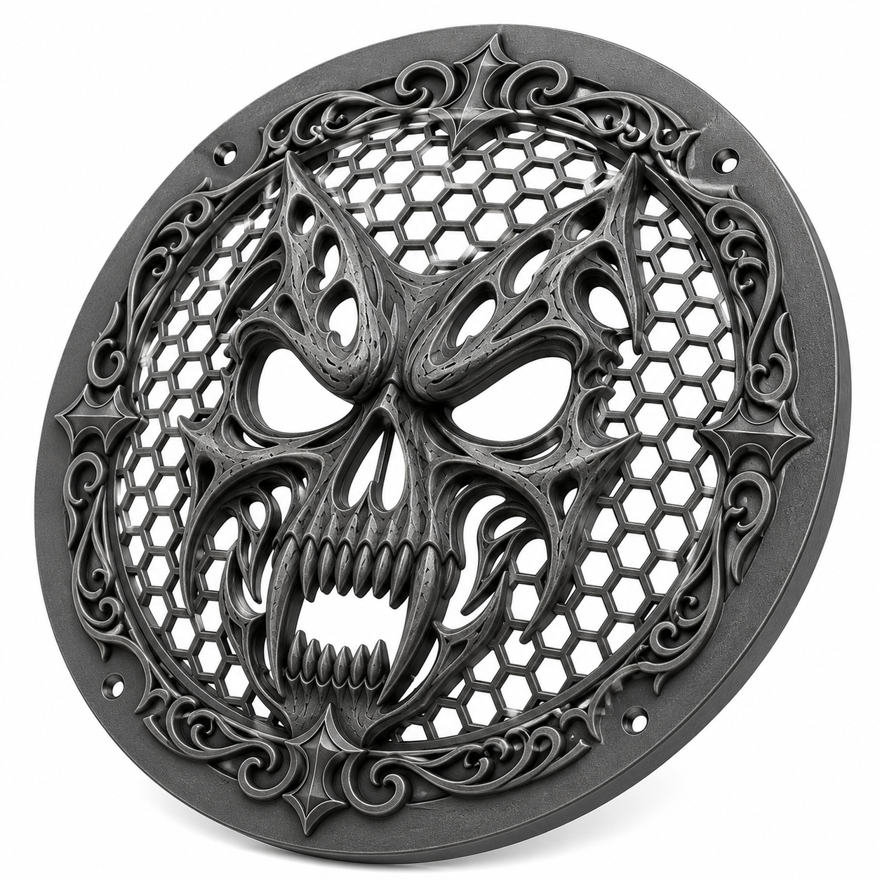 A round, decorative metal wall hanging featuring a fierce skull with dragon-like wings, surrounded by intricate scrollwork and a honeycomb pattern.