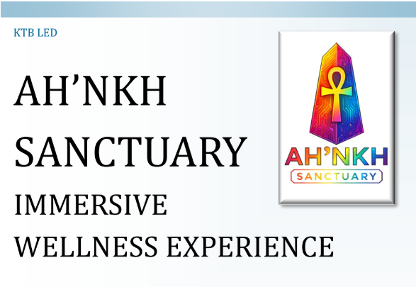 Logo with a colorful stained glass design, an ankh symbol, and the text 'AH'NKH SANCTUARY' in rainbow colors, alongside the words 'IMMERSIVE WELLNESS EXPERIENCE'.