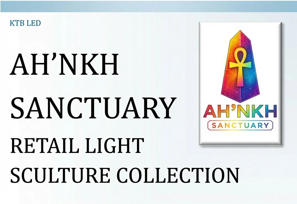 A promotional graphic for AH'NKH Sanctuary, showcasing a colorful pyramid with an ankh symbol and rainbow circuit board design, with text stating 'KTB LED and AH'NKH Sanctuary retail light sculpture collection'.