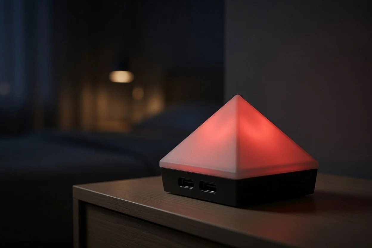 A pyramid-shaped lamp with a glowing pinkish-red light on a bedside table in a dark room.