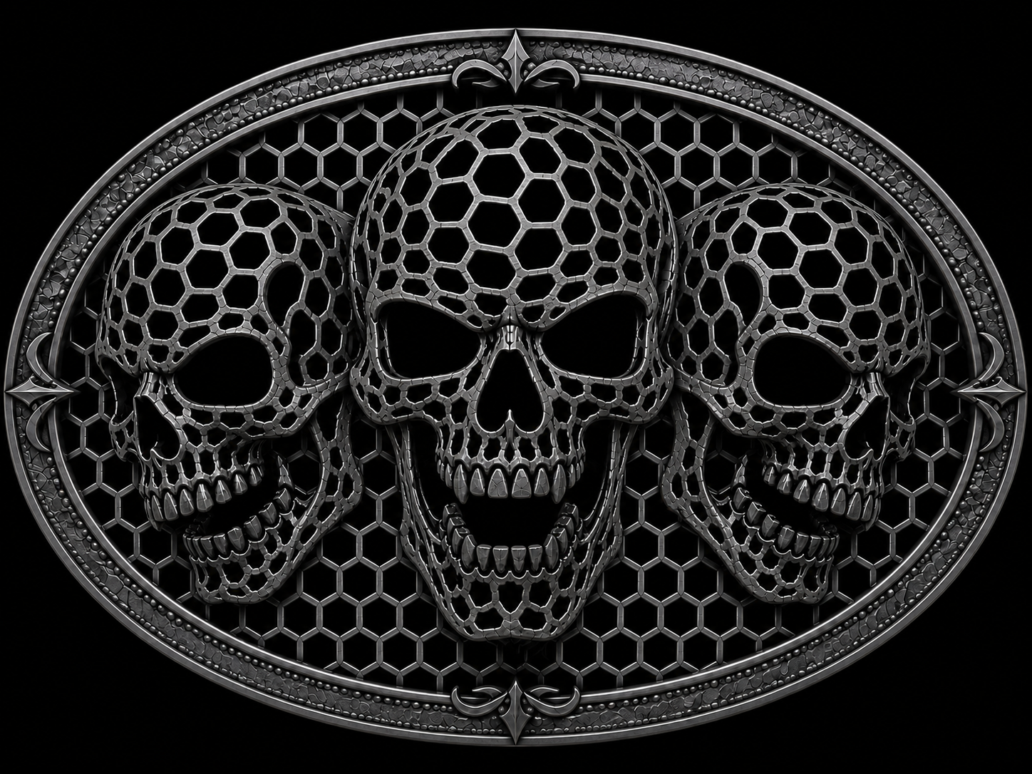 A metallic emblem featuring three skulls made of hexagonal patterns, with an ornate border and a honeycomb background.