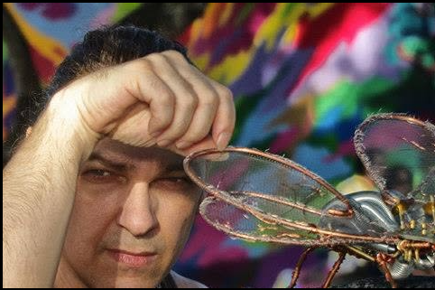 Man holding large, transparent dragonfly prop with colorful background.