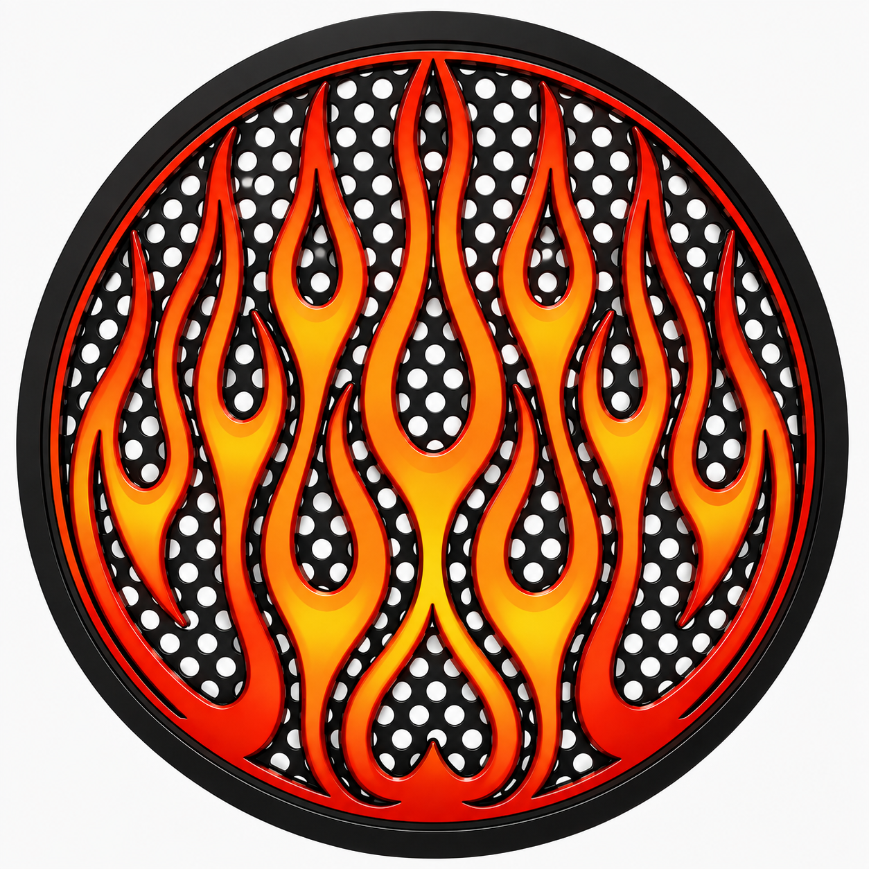 Flame custom car speaker grill, size 6.5 inch round, pair, orange, red, black, and yellow.