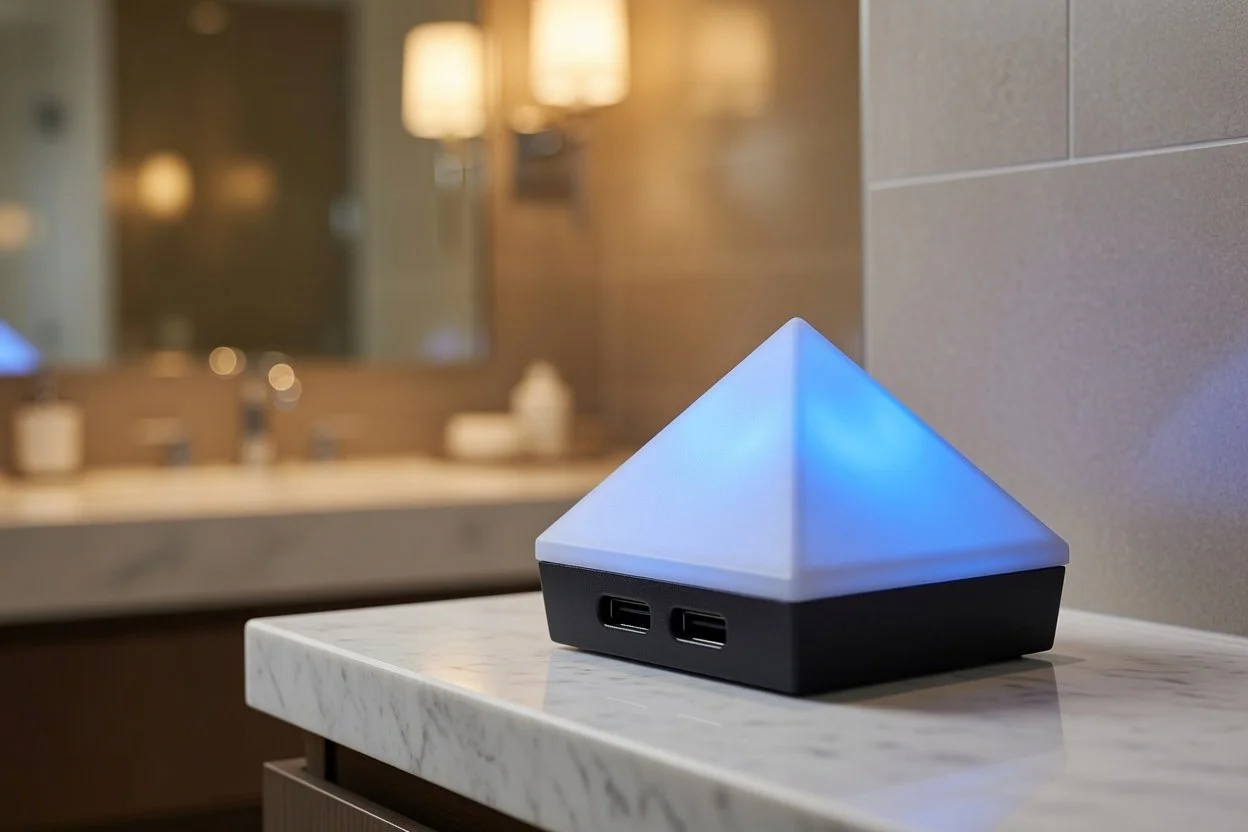 Pyramid-shaped lamp with blue light on a marble-topped table in a bathroom or hotel room.